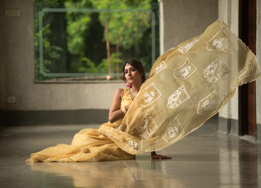 Sunshine Yellow Chiffon Saree with Floral Embroidery