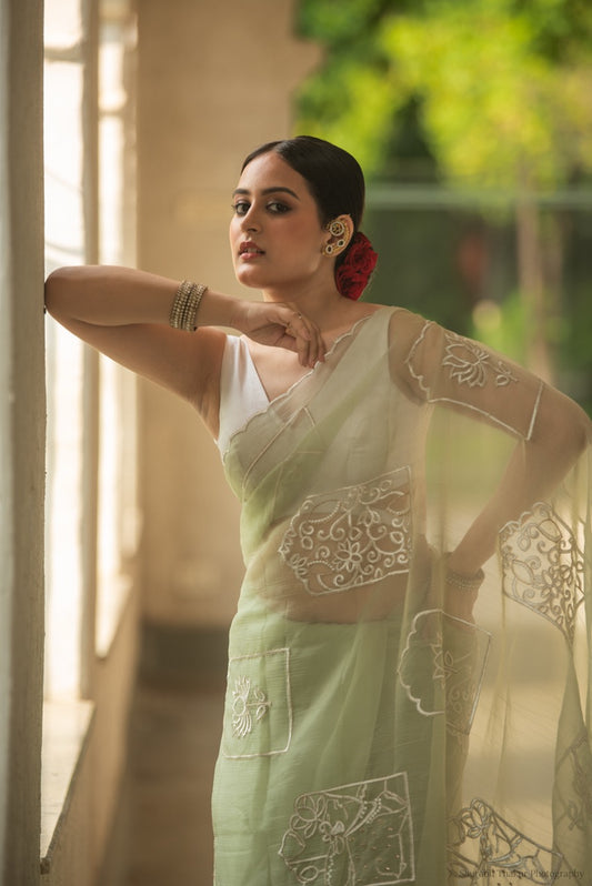Sage Green Chiffon Saree with Floral Embroidery