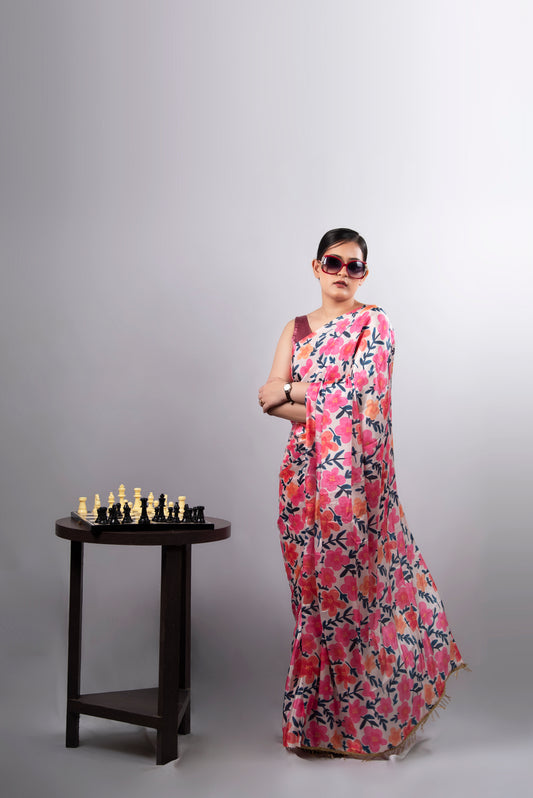 Rosé Bloom Pre-Draped Satin Saree