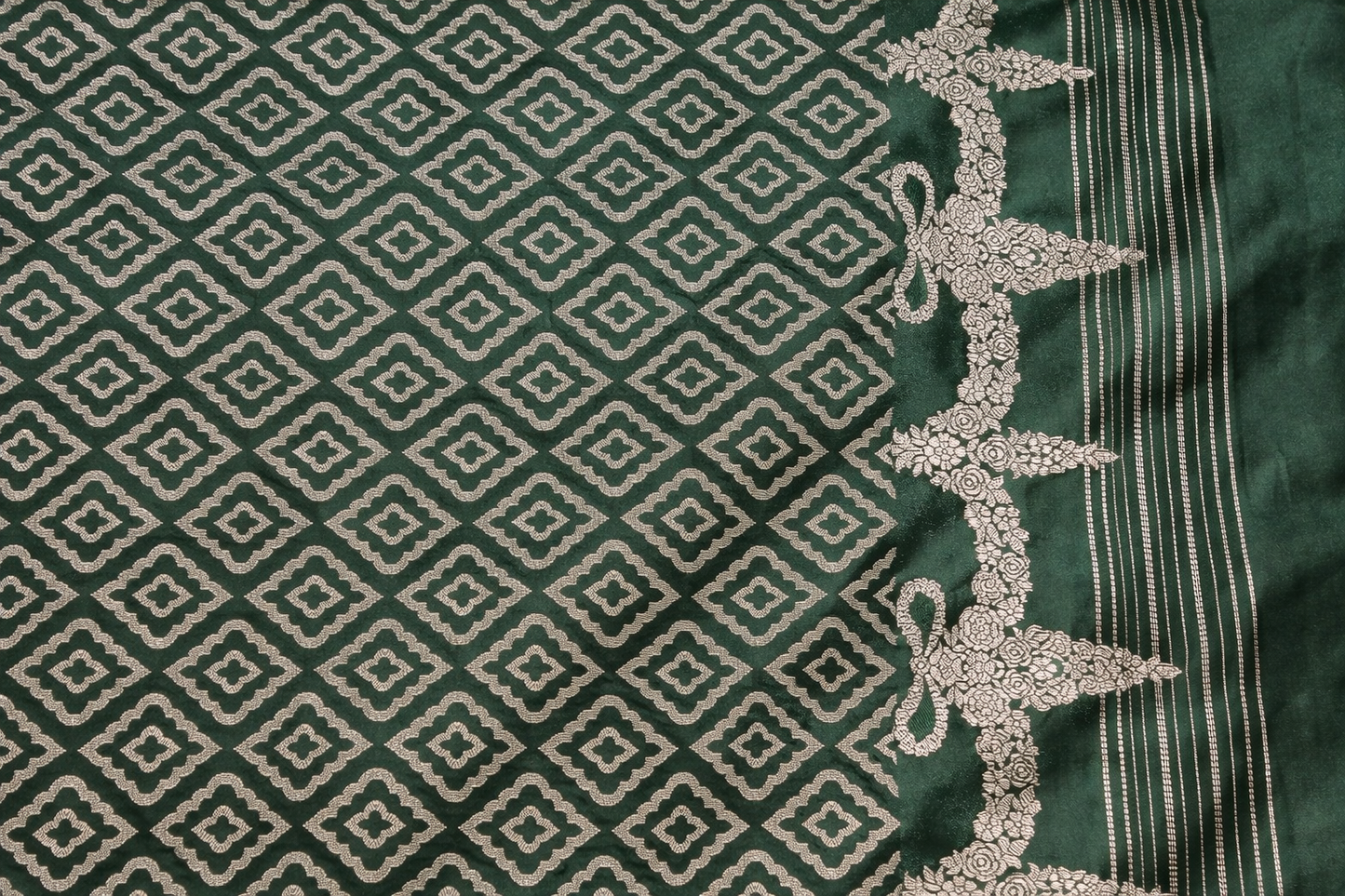 Pure Mashru Silk Saree in Deep Emerald Green | Minimal Silver Zari Border & Motifs