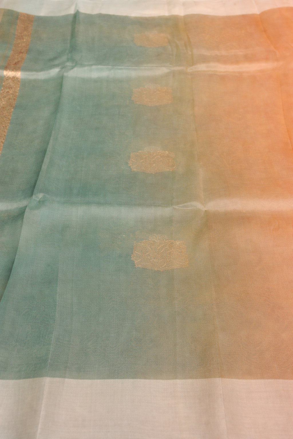 Pure Handloom Organza Silk Saree in Green–Gold Ombre with Antique Zari Motifs