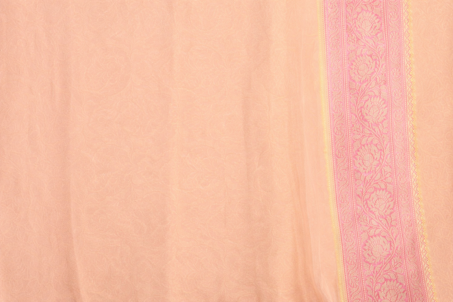 Pure Khaddi Georgette Banarasi Saree in Multitone Pastel Zig-Zag Weave & Rich Pink Zari Border