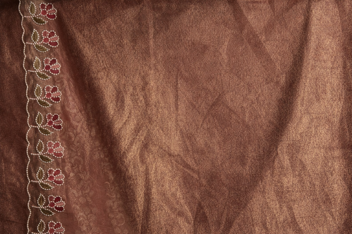 Pure Linen Saree with Intricate Multi-Colour Floral Embroidery – Mocha Brown Elegance