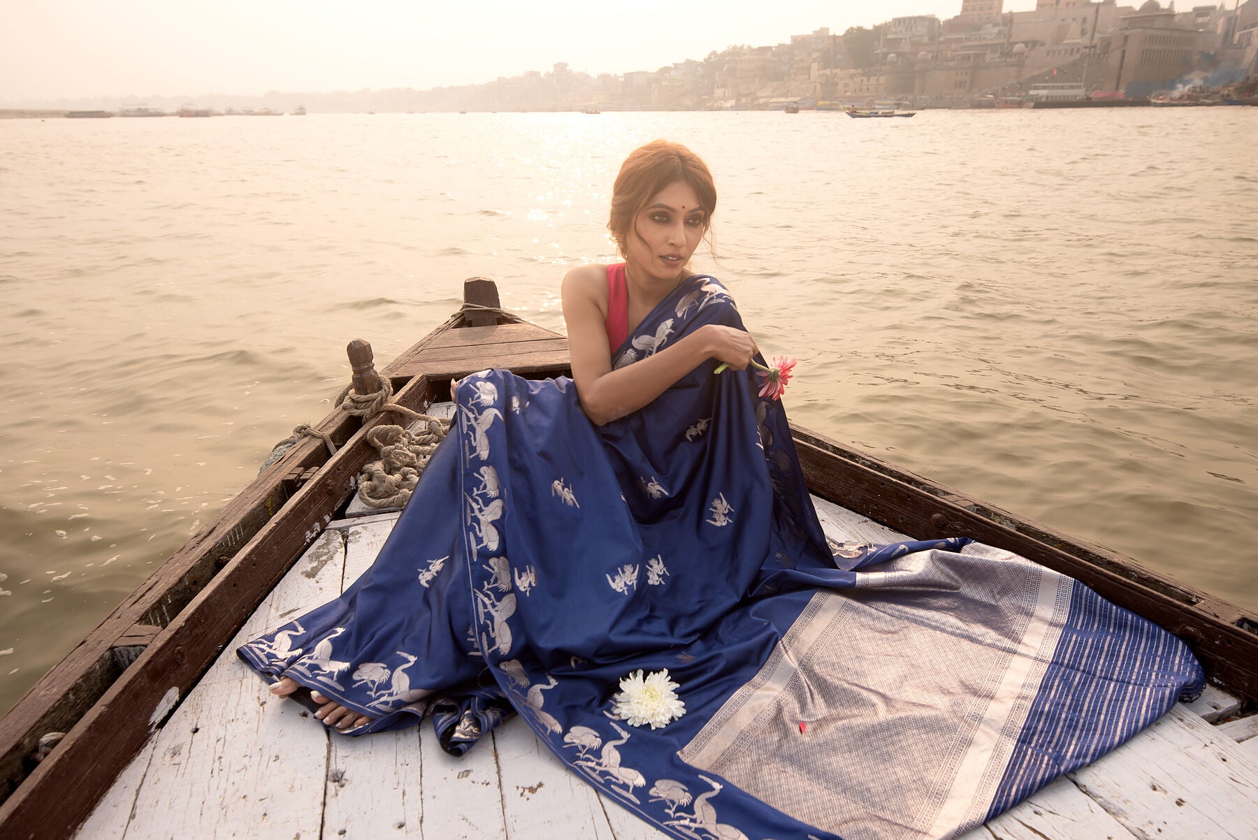 Mashru Silk Saree in Midnight Blue | Minimal Flamingo Border & Satin Sheen