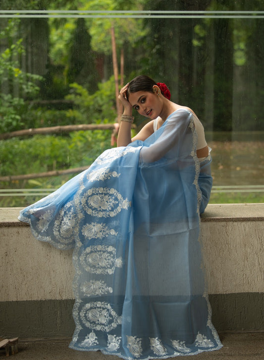 Sky Blue Pure Organza Saree with Floral Embroidery