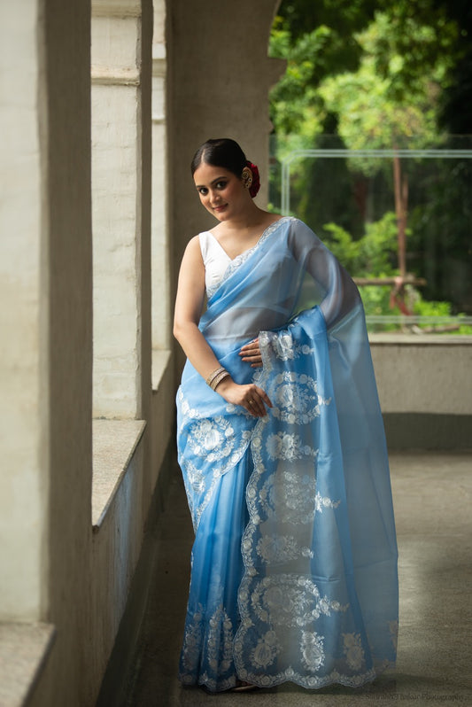 Sky Blue Pure Organza Saree with Floral Embroidery