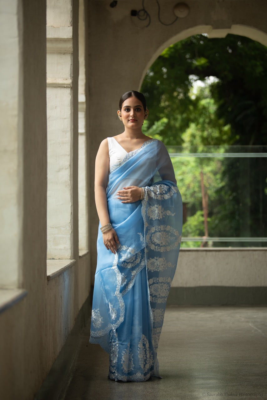 Sky Blue Pure Organza Saree with Floral Embroidery