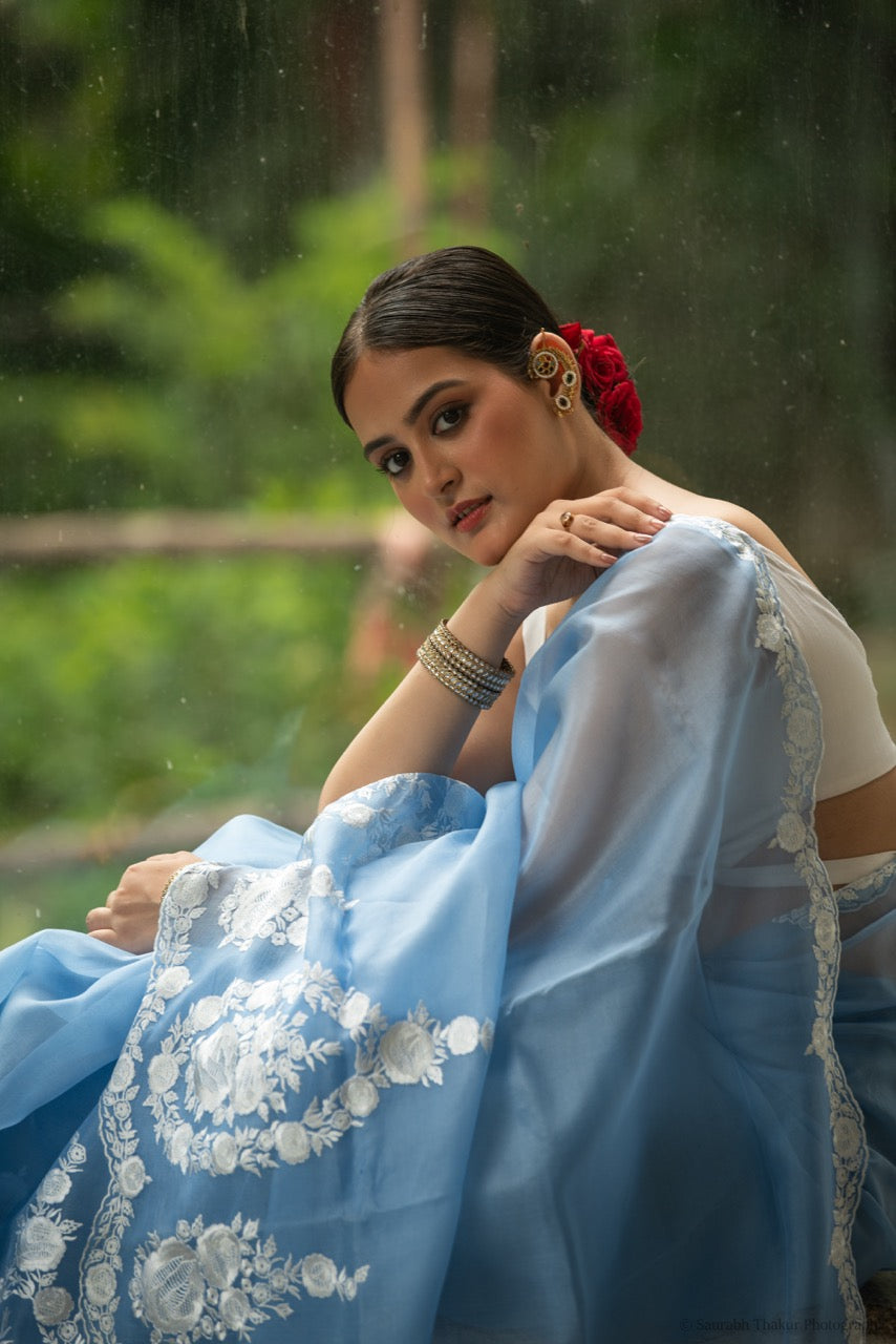 Sky Blue Pure Organza Saree with Floral Embroidery