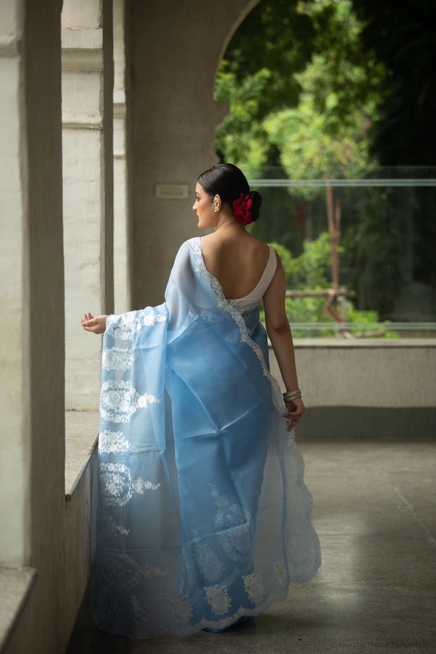 Sky Blue Pure Organza Saree with Floral Embroidery