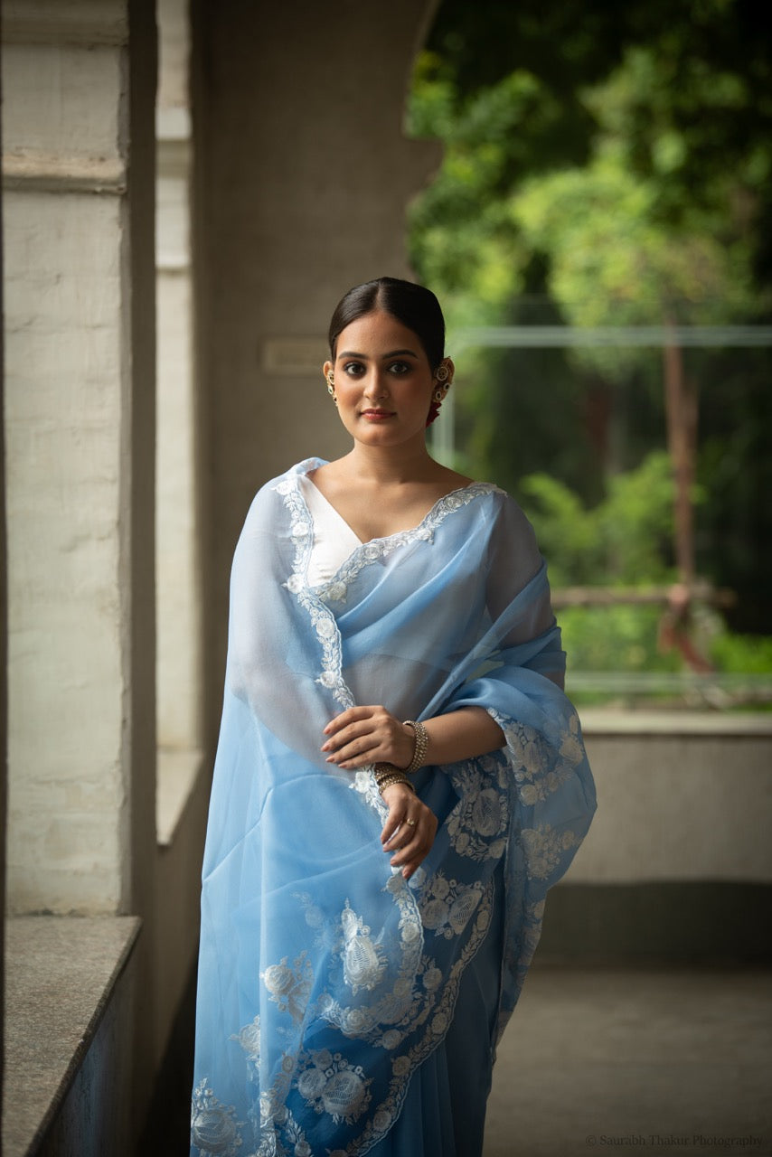 Sky Blue Pure Organza Saree with Floral Embroidery