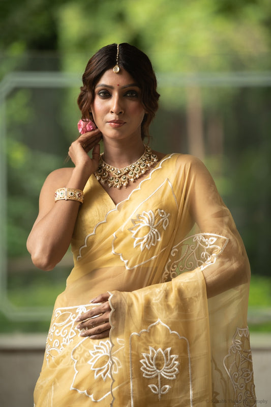Sunshine Yellow Chiffon Saree with Floral Embroidery