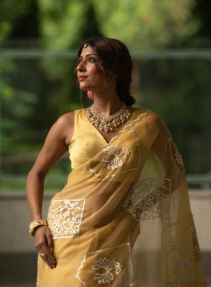 Sunshine Yellow Chiffon Saree with Floral Embroidery