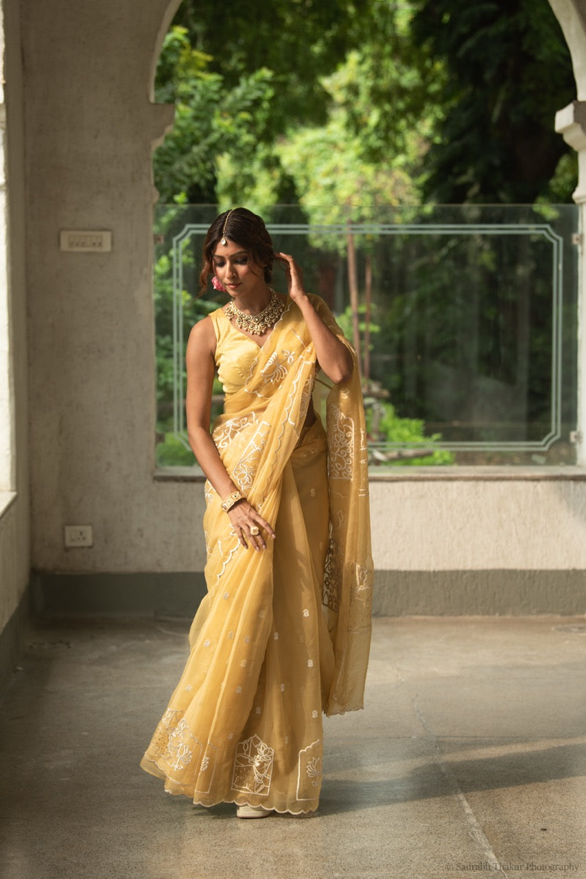 Sunshine Yellow Chiffon Saree with Floral Embroidery