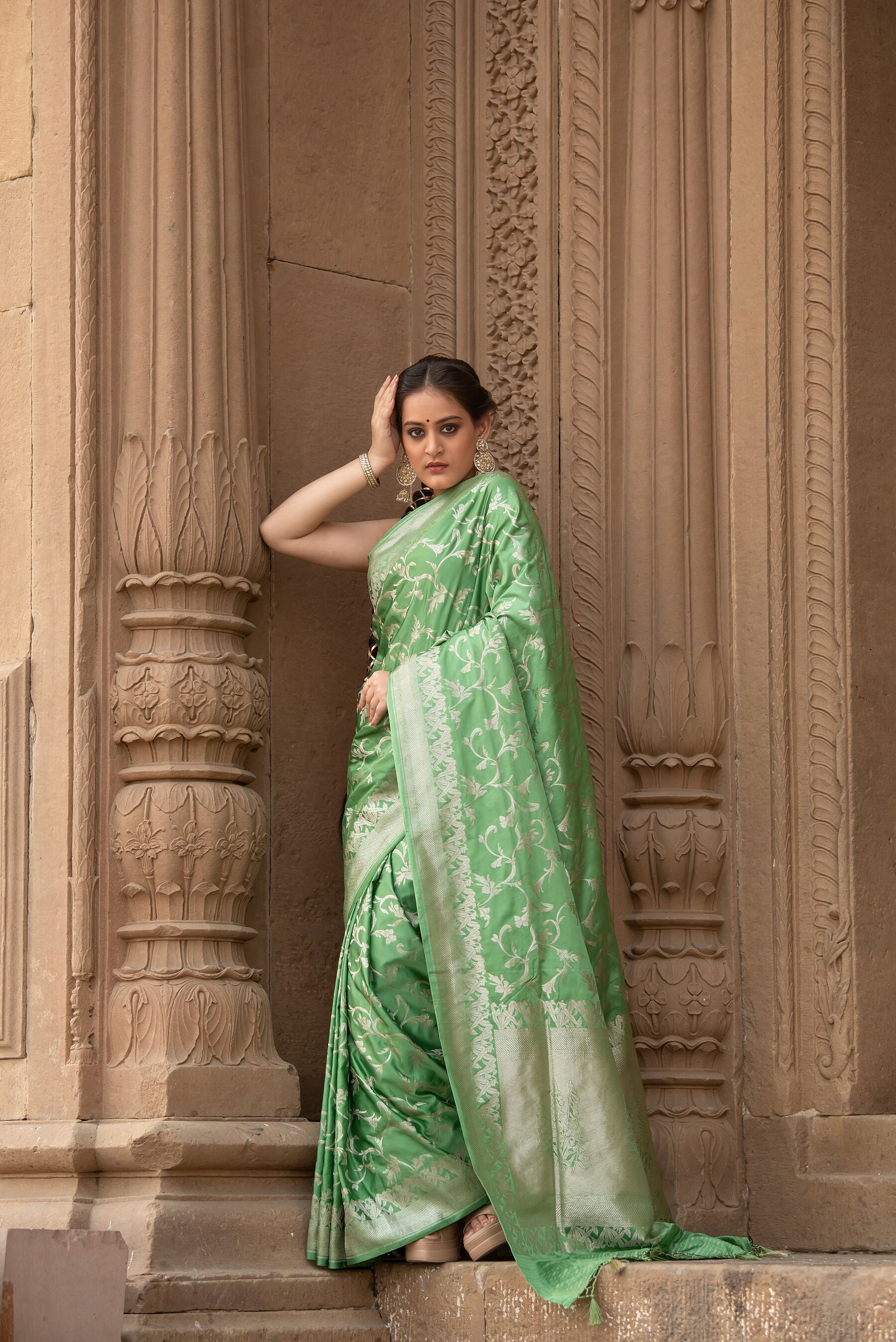 Pure Mashru Silk Saree in Leaf Green | Handwoven Jaal with Silver Zari Jaal