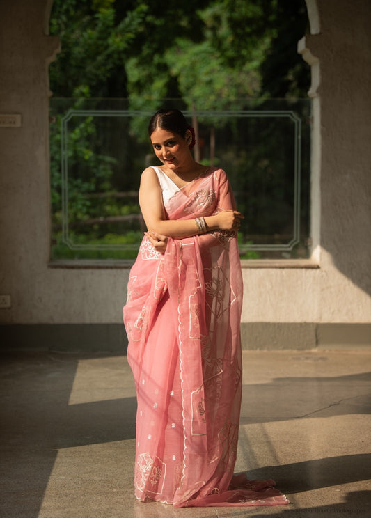 Blush Pink Chiffon Saree with Floral Embroidery