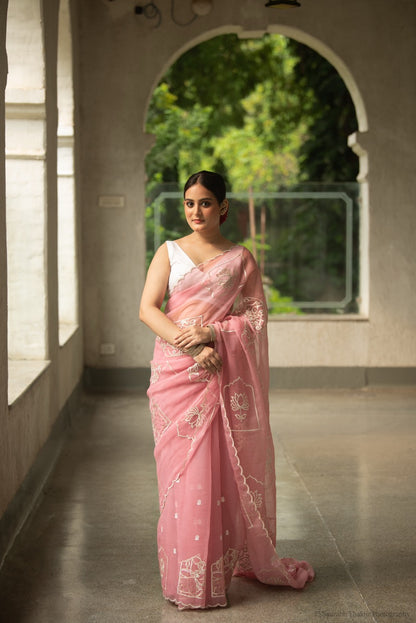 Blush Pink Chiffon Saree with Floral Embroidery