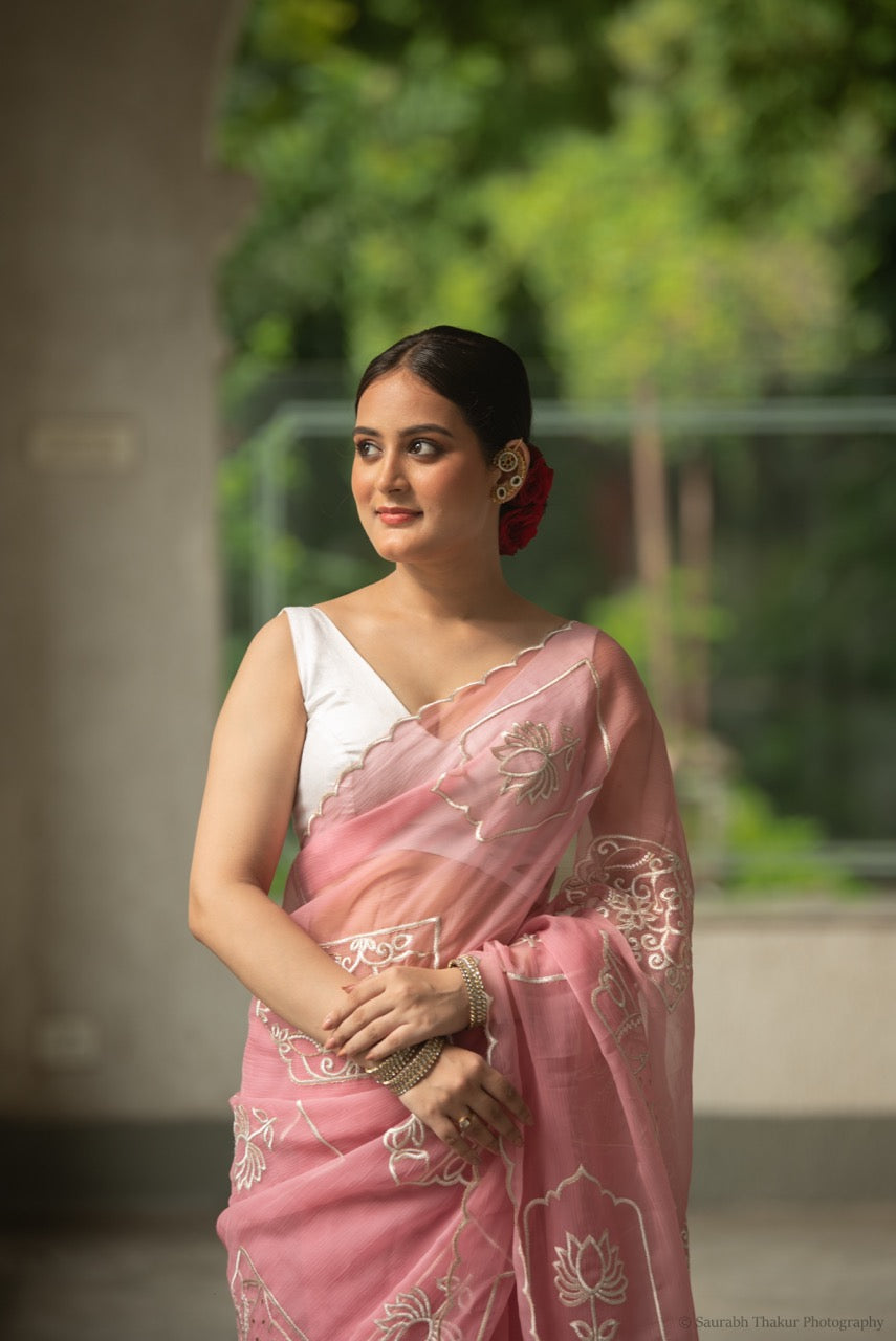 Blush Pink Chiffon Saree with Floral Embroidery