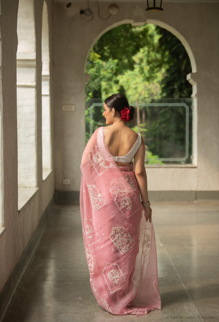 Blush Pink Chiffon Saree with Floral Embroidery