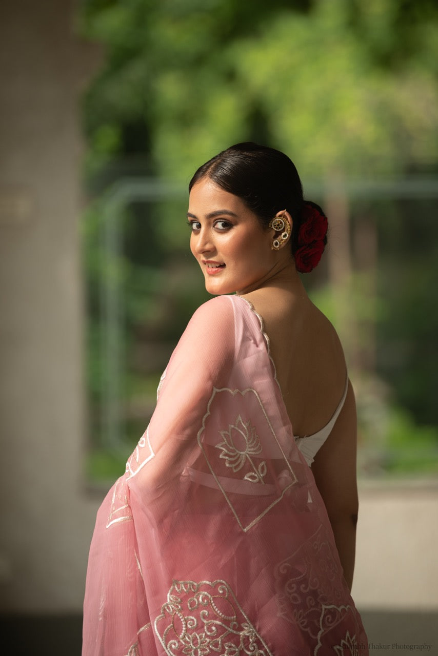 Blush Pink Chiffon Saree with Floral Embroidery