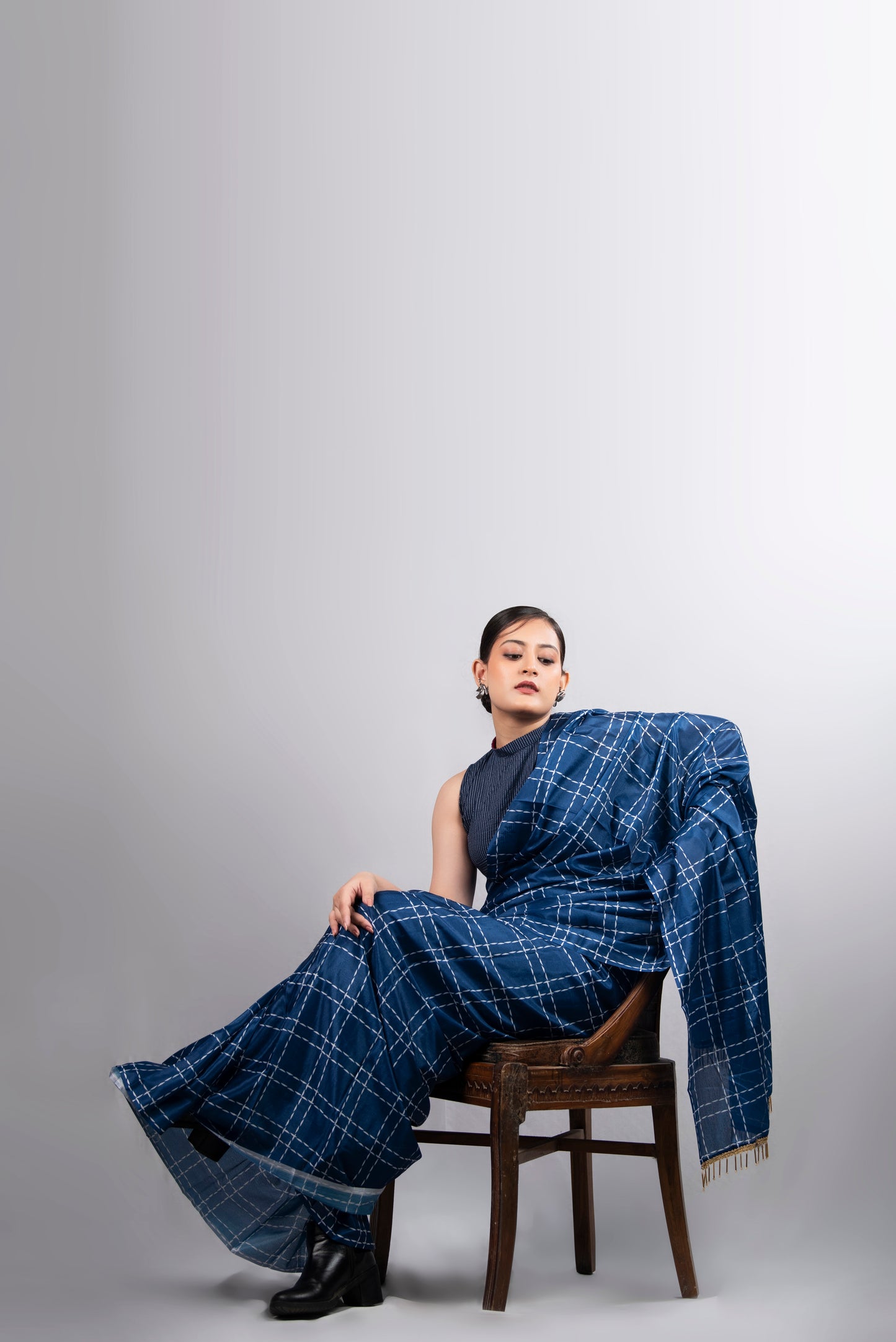 Midnight Check Pre-Draped Satin Saree