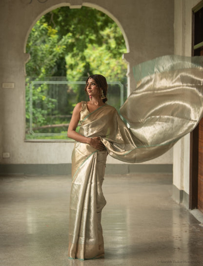 Pure Tissue Brocade Saree — Champagne Gold with Mint Green Border