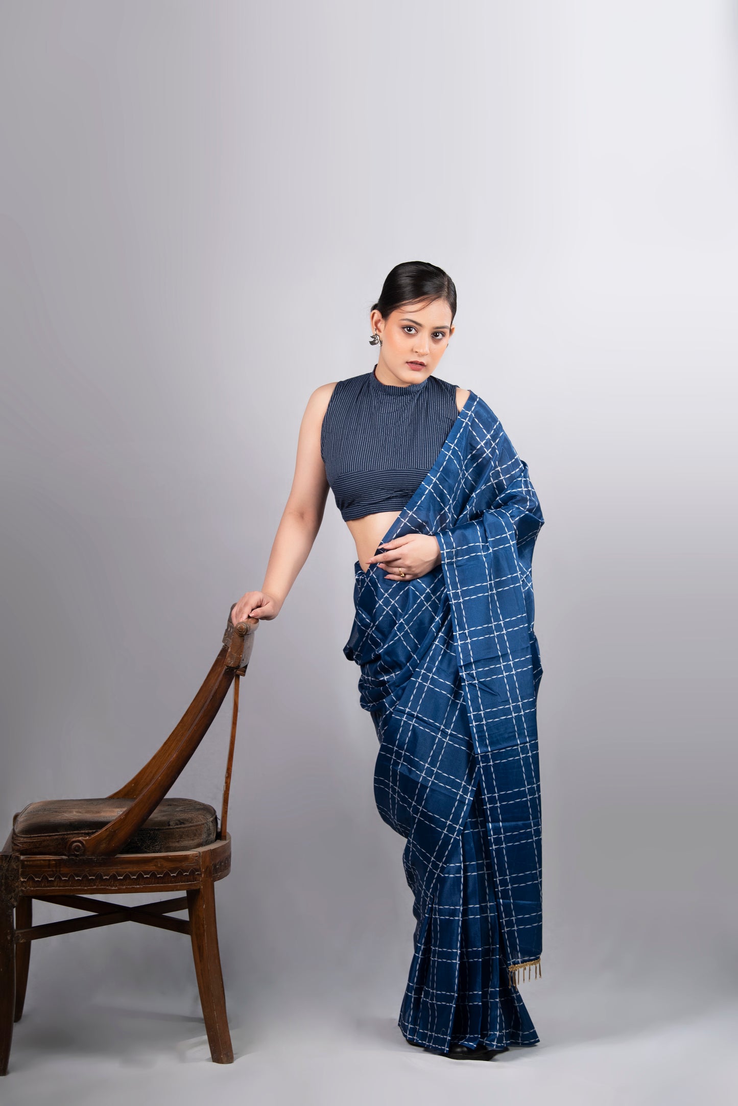 Midnight Check Pre-Draped Satin Saree