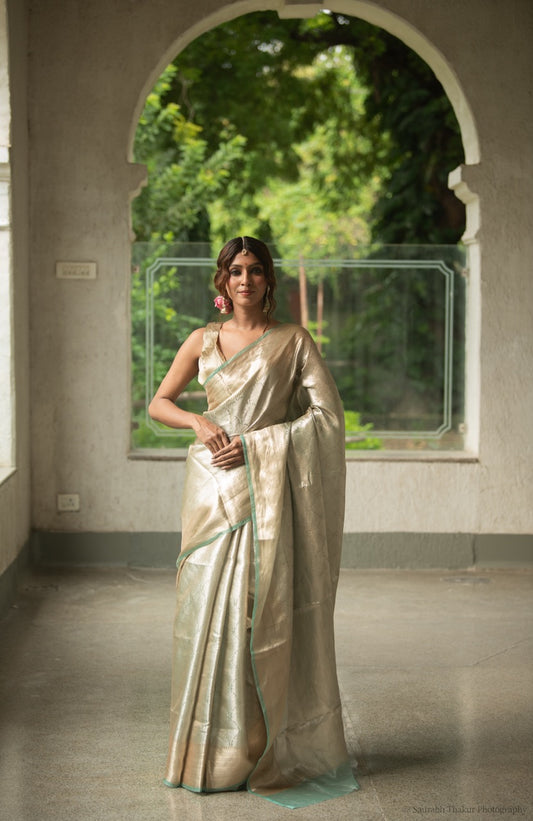 Pure Tissue Brocade Saree — Champagne Gold with Mint Green Border
