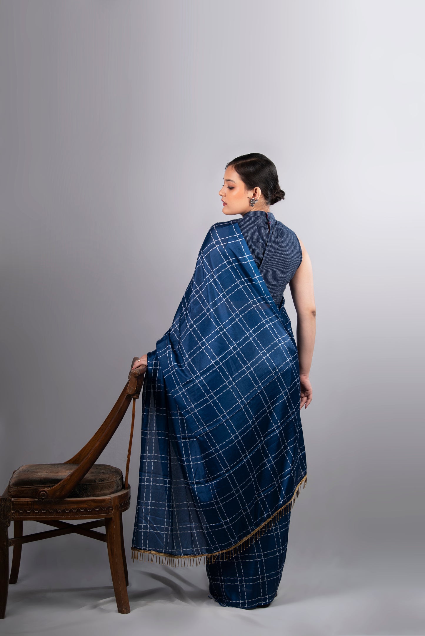 Midnight Check Pre-Draped Satin Saree