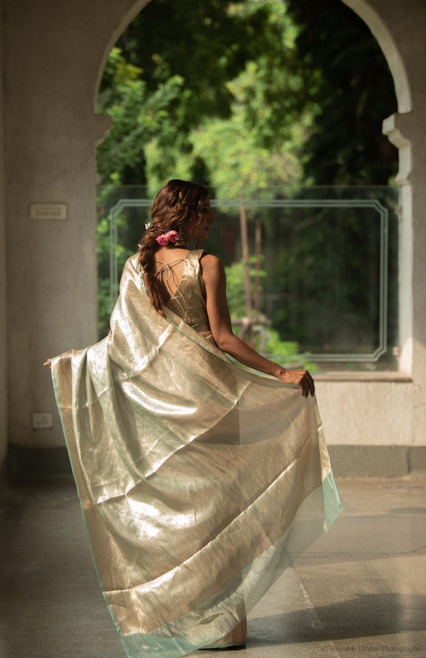 Pure Tissue Brocade Saree — Champagne Gold with Mint Green Border