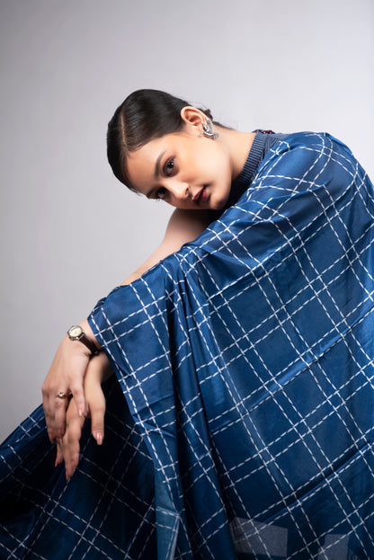 Midnight Check Pre-Draped Satin Saree