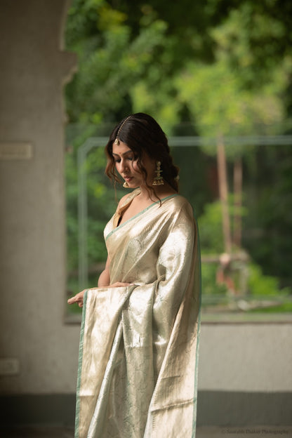Pure Tissue Brocade Saree — Champagne Gold with Mint Green Border