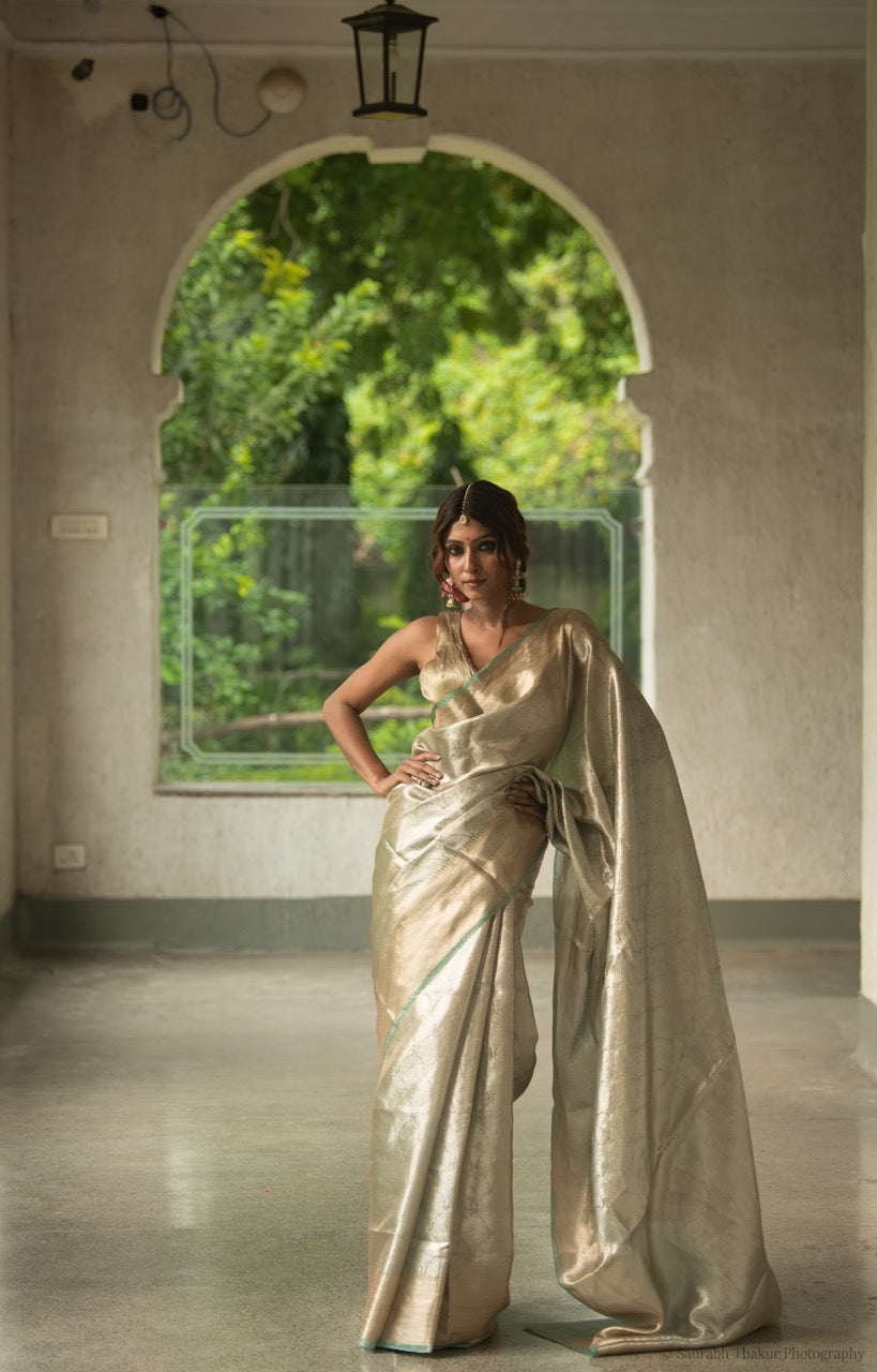 Pure Tissue Brocade Saree — Champagne Gold with Mint Green Border