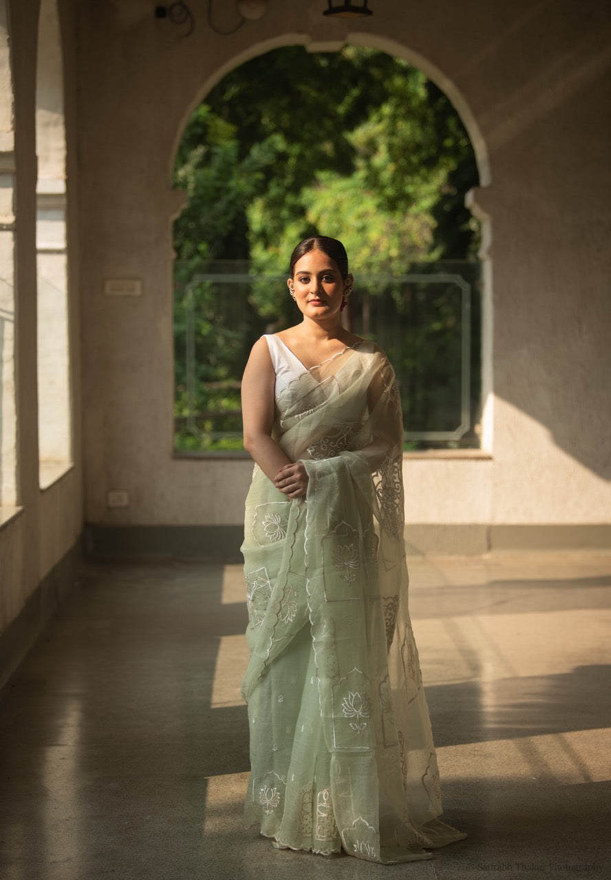 Sage Green Chiffon Saree with Floral Embroidery