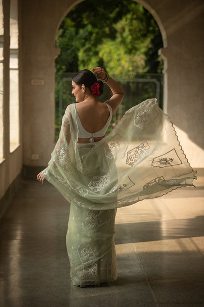 Sage Green Chiffon Saree with Floral Embroidery