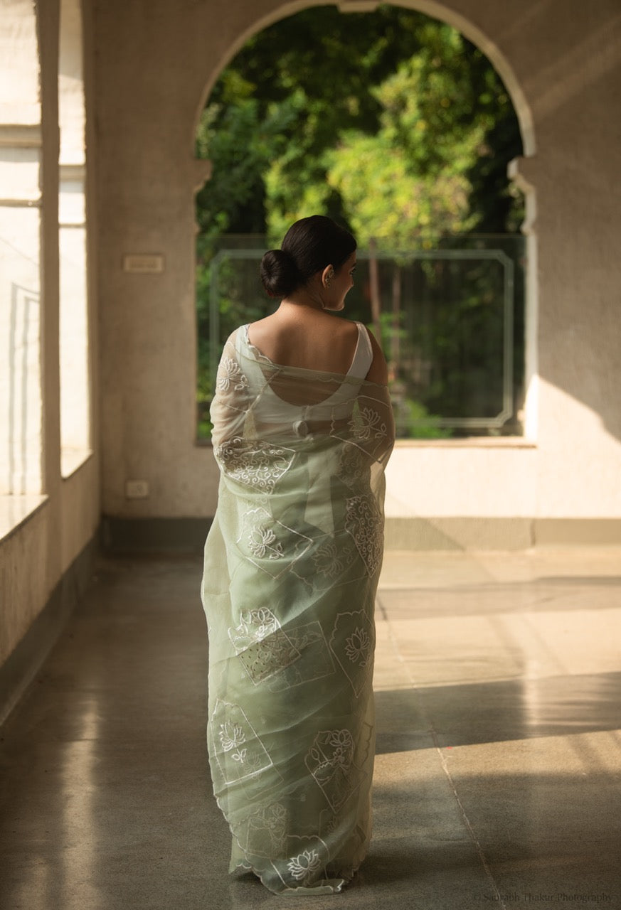 Sage Green Chiffon Saree with Floral Embroidery