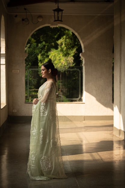 Sage Green Chiffon Saree with Floral Embroidery