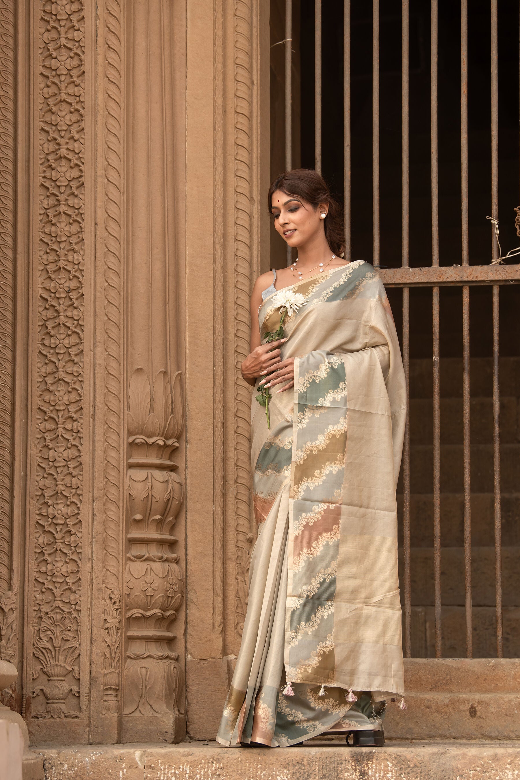 Pure Mashru Tissue Saree in Soft Beige | Pastel Zari Striped Design with Elegant Drape