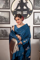 Pure Raw Mango Silk Saree in Midnight Teal | Handwoven Satin Border & Zari Floral Motifs