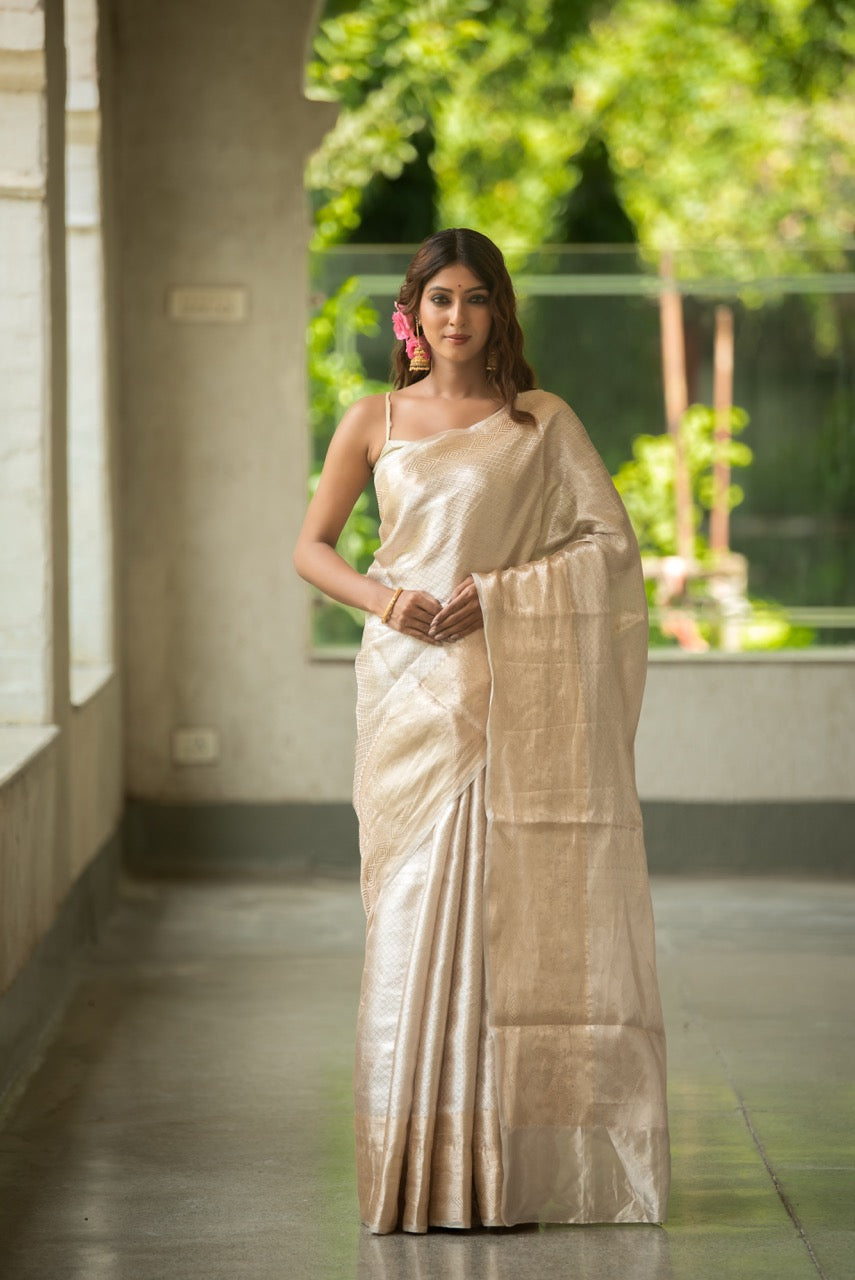 Ivory Gold Pure Tissue Brocade Saree