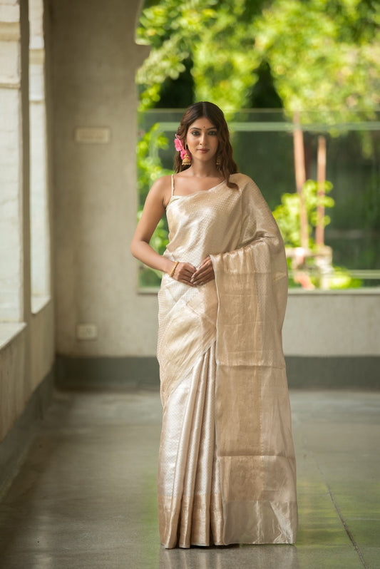 Ivory Gold Pure Tissue Brocade Saree