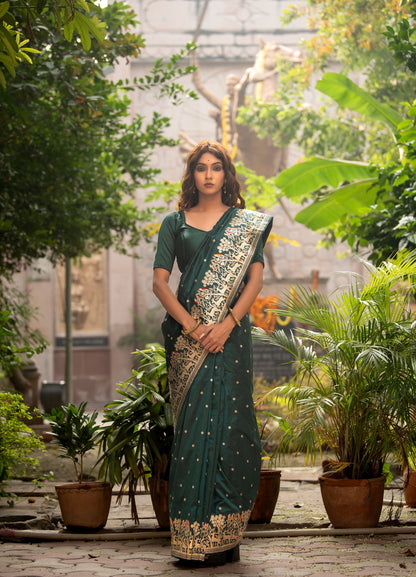 Pure Katan Silk Saree in Emerald Green | Handwoven Meenakari & Shikargah Design