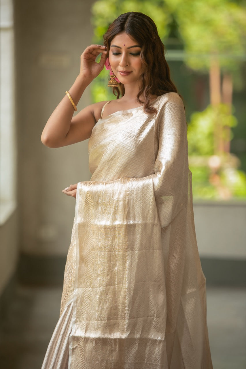 Ivory Gold Pure Tissue Brocade Saree