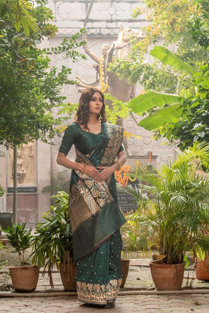 Pure Katan Silk Saree in Emerald Green | Handwoven Meenakari & Shikargah Design