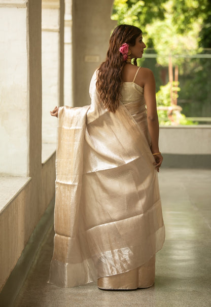 Ivory Gold Pure Tissue Brocade Saree