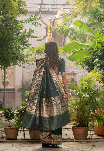 Pure Katan Silk Saree in Emerald Green | Handwoven Meenakari & Shikargah Design