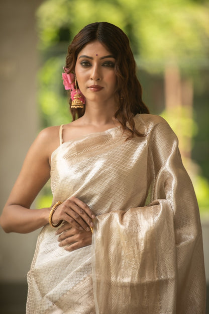 Ivory Gold Pure Tissue Brocade Saree