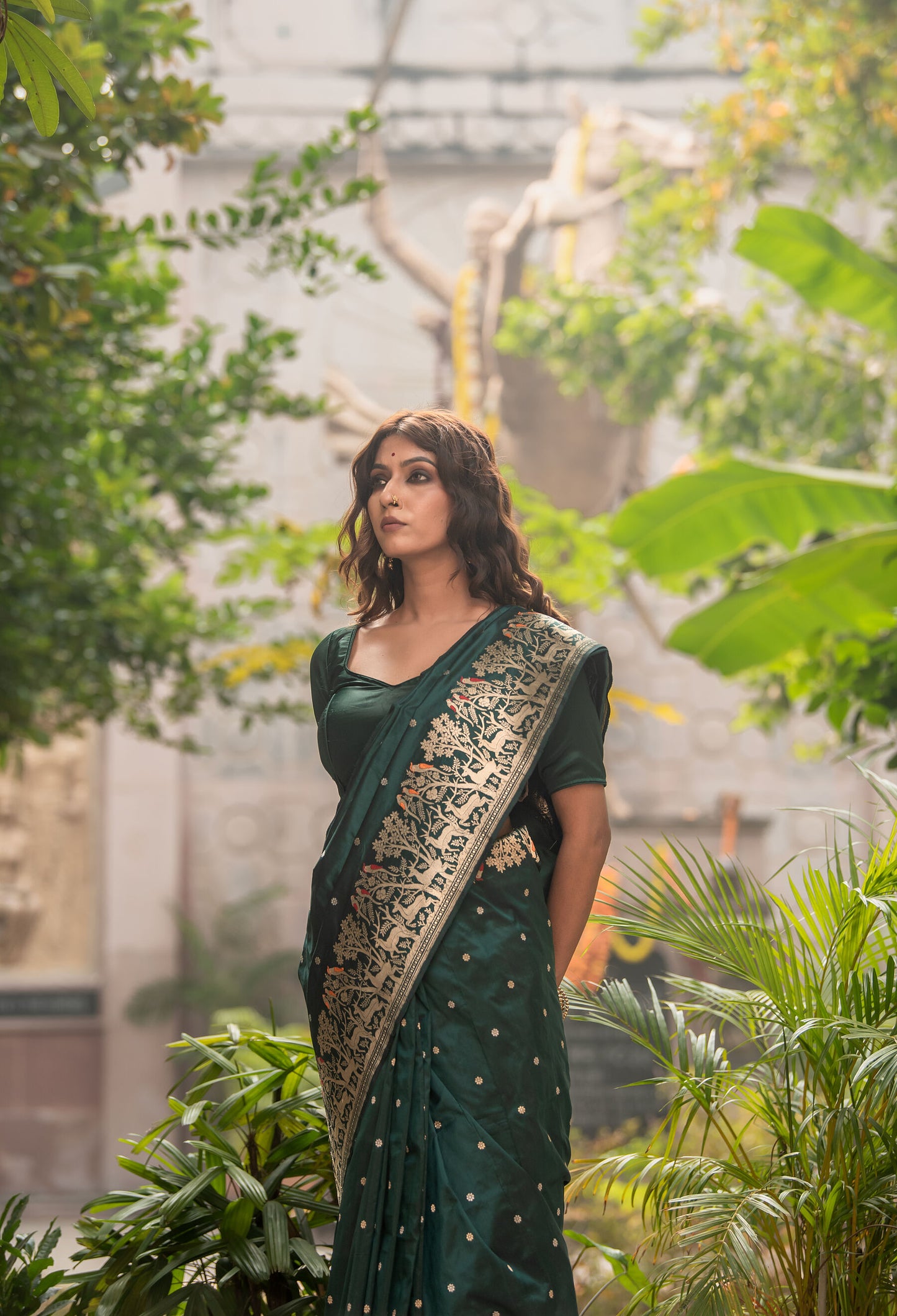 Pure Katan Silk Saree in Emerald Green | Handwoven Meenakari & Shikargah Design