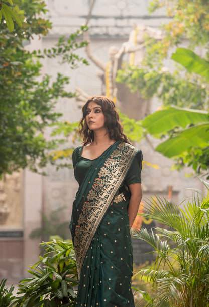 Pure Katan Silk Saree in Emerald Green | Handwoven Meenakari & Shikargah Design