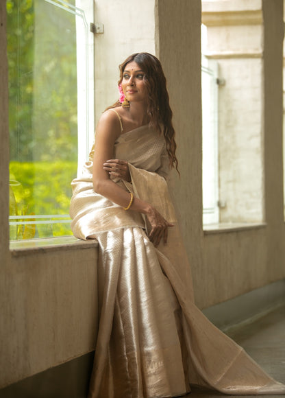 Ivory Gold Pure Tissue Brocade Saree