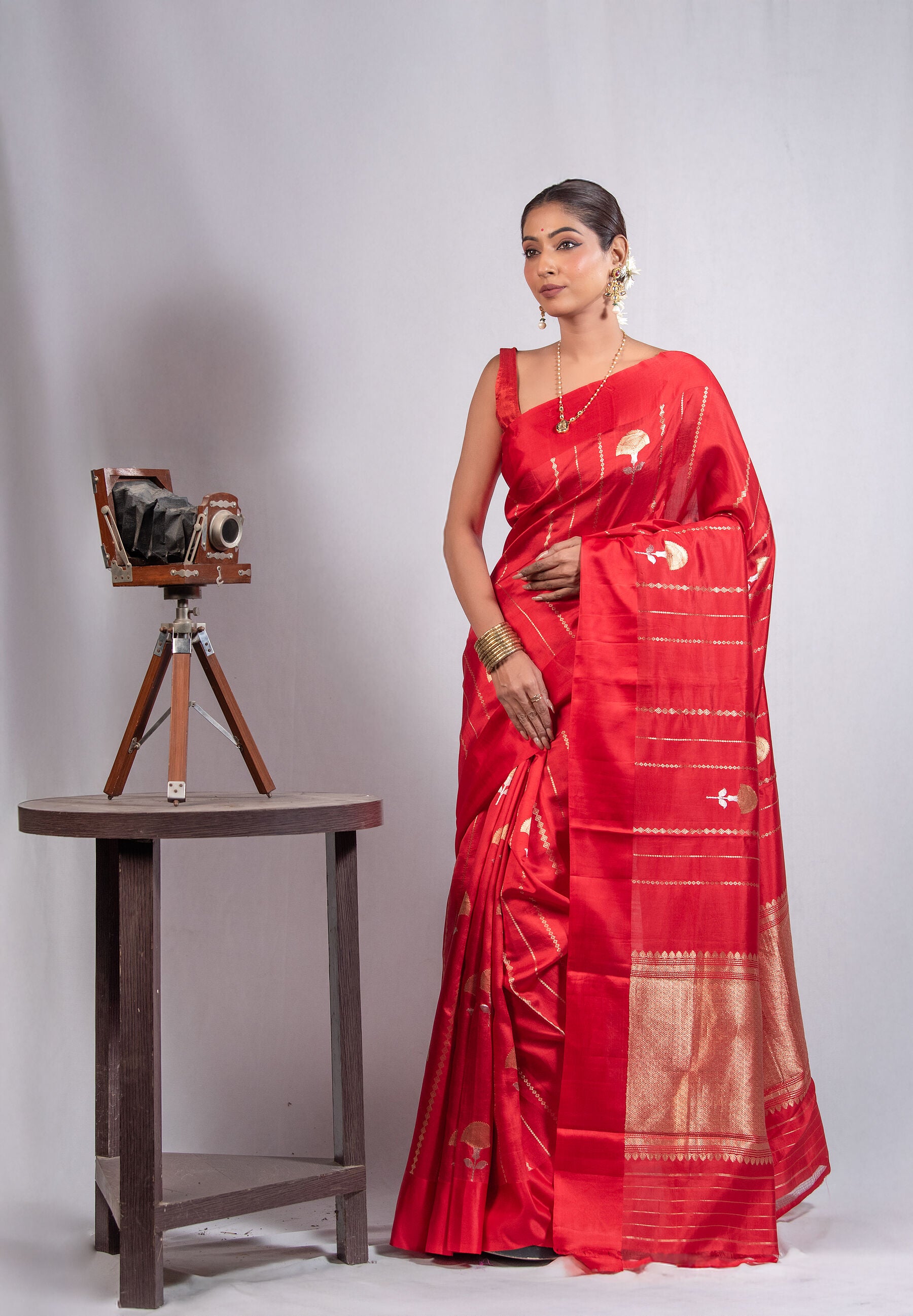Pure Raw Mango Silk Red Saree with Zari Lines & Minimalist Motifs | Handwoven Banarasi Elegance